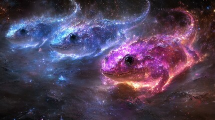 Wall Mural - Cosmic salamanders nebulous guardians celestial amphibians stellar formations magical creatures cosmic energy vibrant galaxy ethereal beings digital art fantasy animals