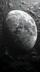 Wall Mural - A grayscale depiction of a cratered celestial body possibly a moon set against a dark textured backdrop evocative of
