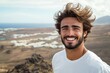 © Vlad - Landscape Person. Lanzarote Vacation: Brunet with Windy Hair Smiling, Sunny Summer View