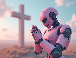 Fototapete - A pink robot is seen in a profile view, its hands clasped in prayer