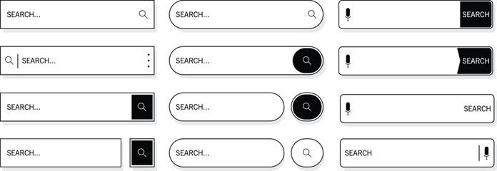 collection of modern search bar ui elements in various styles and shapes with magnifying glass icon design	