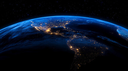 Wall Mural - night view of earth from space, showcasing the americas illuminated by city lights against a dark, s