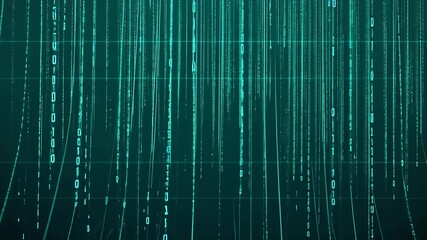 Abstract digital backdrop featuring cascading binary code on a dark green background, ideal for tech themes