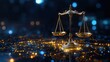 © isti - Golden scale of justice stands on a surface with blurred blue and golden light points