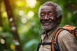 © KeransPixel - A joyful elderly African American gentleman with a dark complexion enjoys a refreshing hike in great outdoors, engaging in fitness walking and embarking on a delightful journey through enchanting fore