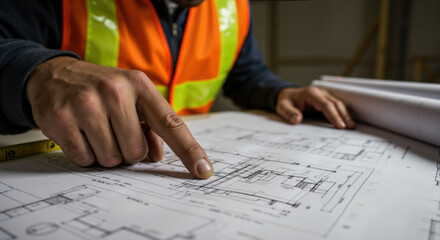 Construction engineer pointing at blueprint with detailed floor plan on desk. Technical documentation review crucial for project planning and building code compliance