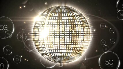 Wall Mural - 3d rendered golden grid sphere glowing in dark void, casting lens flares over floating 5g bubbles