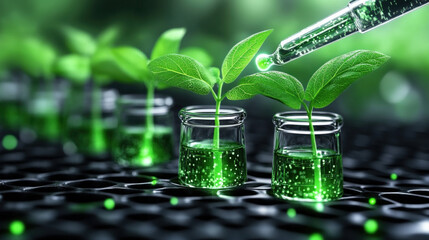Aufkleber - Young plants in glass containers receive drop of green liquid from pipette, symbolizing biotechnology and gene editing in agriculture. vibrant scene highlights innovation