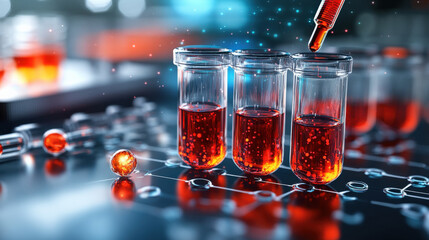Aufkleber - Test tubes filled with red liquid are being analyzed in laboratory setting, highlighting concept of biotechnology and personalized medicine. pipette is adding drop to one of tubes