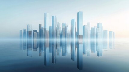 Aufkleber - 未来都市のスカイライン 青い空と水面の反射 現代的な建築と技術のイメージ