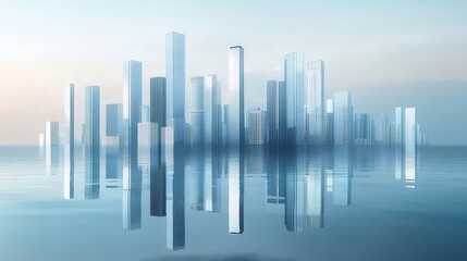 Aufkleber - 水面に映る未来都市の青い高層ビル群 水平線上の近代的な都市景観デザイン
