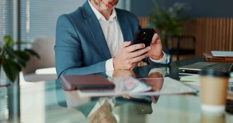 Aufkleber - Office, hands and businessman with mobile for chat, accountant and email for audit report. Career, male person and auditor with smartphone for communication, financial research and investment app