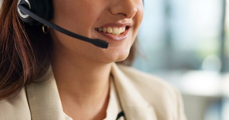 Poster - Agent, woman and customer service in sales with mouth, communication and online consulting. Smile closeup, consultant or call center office for CRM contact support, discussion or advice for business