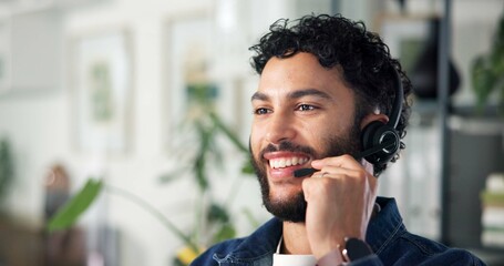 Aufkleber - Man, headset and smile with mic at call center for contact us, sales agent and customer service. Male person, happy and advisor for client help, advisory and technical questions for online procedure