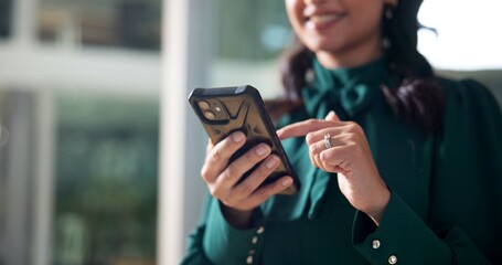 Wall Mural - Office, businesswoman and hands with smartphone for chat, online communication and scroll on break. Workplace, female person and consultant with mobile for application, social media and text message