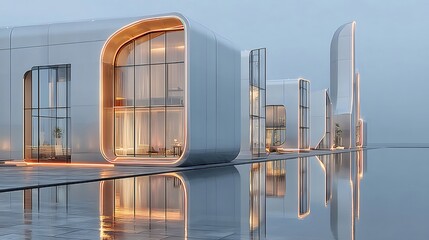 Aufkleber - 未来的な白い建築デザイン 水面に映るオレンジ色の光 湾曲した形状とガラス窓のモダンな外観