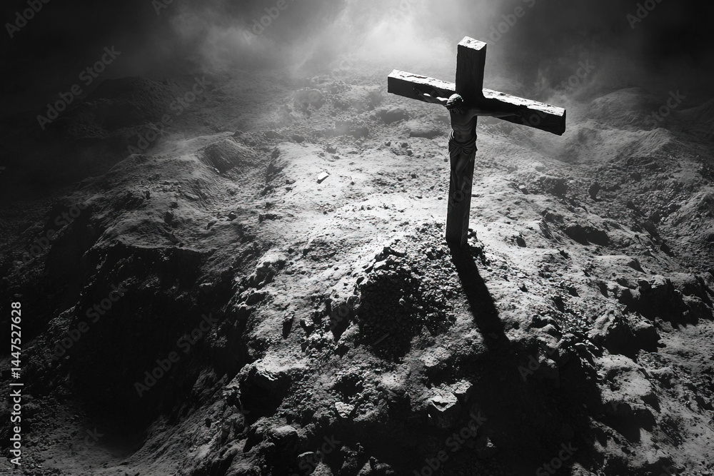 Dramatic view of Jesus Christ on the cross atop a rugged hill during ...