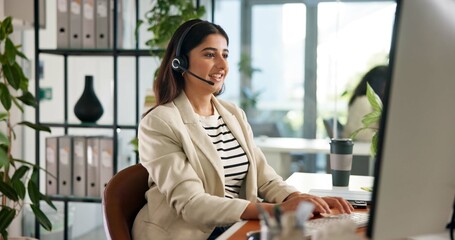 Poster - Consultant, woman and customer service in office with computer, communication and online consulting. Typing, advice or call center for CRM contact support, discussion or sales agent with business