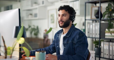 Poster - Office, businessman and headset with computer for research, customer information and telemarketing. Call center, male person and agent with digital for sales feedback, report and help with questions