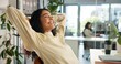 © CineLens25/peopleimages.com - Business, woman and happy with stretching for done, finish job or deadline target at publishing company. Complete, satisfied female editor and efficient workflow solution with relief, pride and break