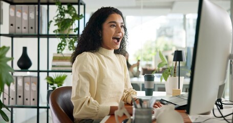 Poster - Computer, designer and surprise with business woman in office for email, good news or notification. Creative, sale and wow with happy design professional in workplace for bonus, goals or target