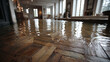 © Oleksandr - Water pooling and flooding on wood parquet flooring. The room's floor will suffer damage after the flooding occurs