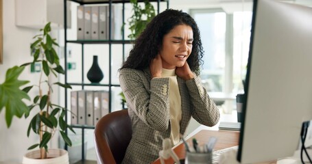 Poster - Business woman, neck pain and injury with stress, pressure or burnout for mistake or anxiety in office. Employee, computer and inflammation with sore ache, strain or overworked for workplace accident