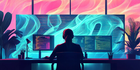 Silhouette of woman coding, multiple monitors displaying lines of code, vibrant teal and pink background, showcasing modern tech workplace, ideal for tech or coding concepts