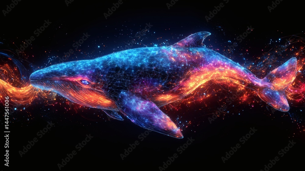 Humpback whale swimming in deep sea water, glowing bioluminescence ...
