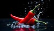 © Muzamilart - ripe red chili peppers falling in water with splash isolated on black