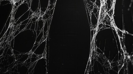 Intricate spider webs on black background highlighting detailed structure