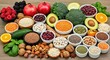 © Mobiles - Health Food Fitness Concept Fruits Vegetables Pulses Herbs Spices Nuts Grains Healthy Eating Background