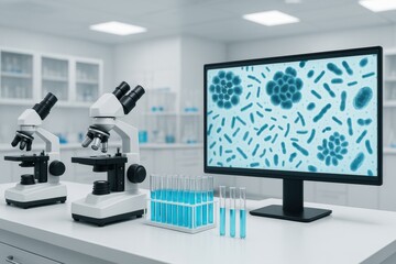 Aufkleber - Microscopes and Computer Monitor Displaying Microorganisms in a Modern Laboratory During Daylight Hours