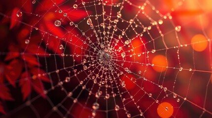 Intricate spiderweb glistening with dewdrops against a vibrant blurred autumn backdrop.