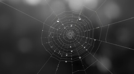 Monochromatic photograph featuring a spiderweb with shimmering water droplets clinging to its