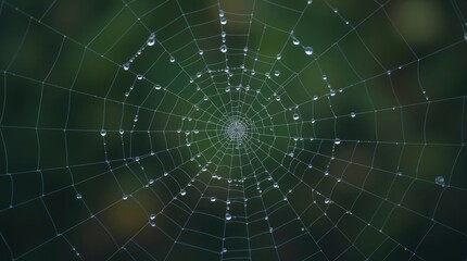 An intricate spiderweb glistens with delicate dewdrops against a soft, blurred green backdrop,