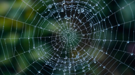 Close-up of a delicate spiderweb adorned with glistening droplets, creating a fragile, intricate