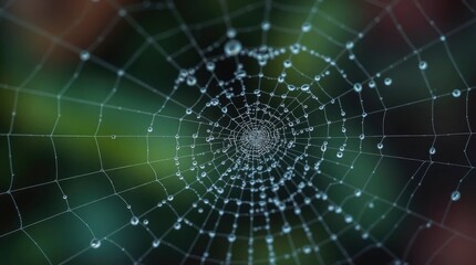 Intricate spiderweb glistening with morning dew, forming a delicate pattern against soft green