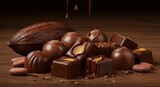 Close-up of assorted gourmet chocolates on a rustic wooden table, with cocoa beans and melted chocolate drips