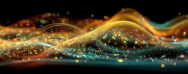 Wall Mural - abstract golden and teal light waves with sparkling bokeh particles on black background