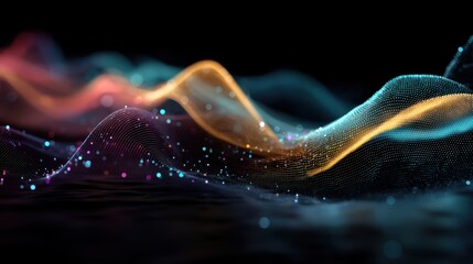 Wall Mural - abstract waves of neon light and motion particles on black background
