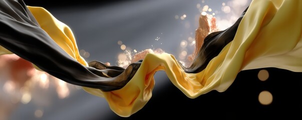 Wall Mural - dynamic flow of black and yellow silk fabric with sparkling particles in motion
