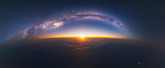 Wall Mural - Milky Way Arch over Sunrise: A Celestial Panorama