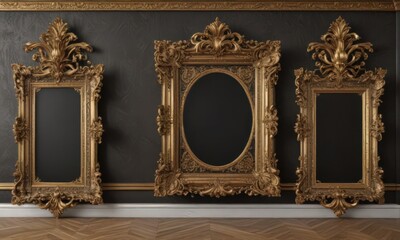 Wall Mural - Ornate frames in gold, set against a rich damask  ,  wallpaper,  antique
