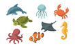© Svitlana - Isometric ocean wildlife icons set – dolphin, jellyfish, crab, turtle, octopus, ray, clownfish, seahorse
