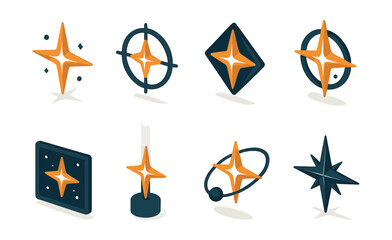 Isometric space navigation icons set – compass, star, map, guide, navigation