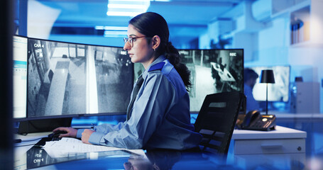 Poster - Security, computer and woman on monitor in control room for surveillance, investigation and protection service. Law enforcement, screen and person for safety, inspection and observation at night