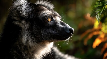 a black & white lemur gazes, forest background