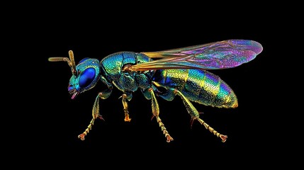 jewel wasp with iridescent blue-green body
