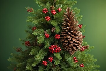 a festive christmas tree adorned with a pine cone and berries atop a green backdrop , botanical, chr